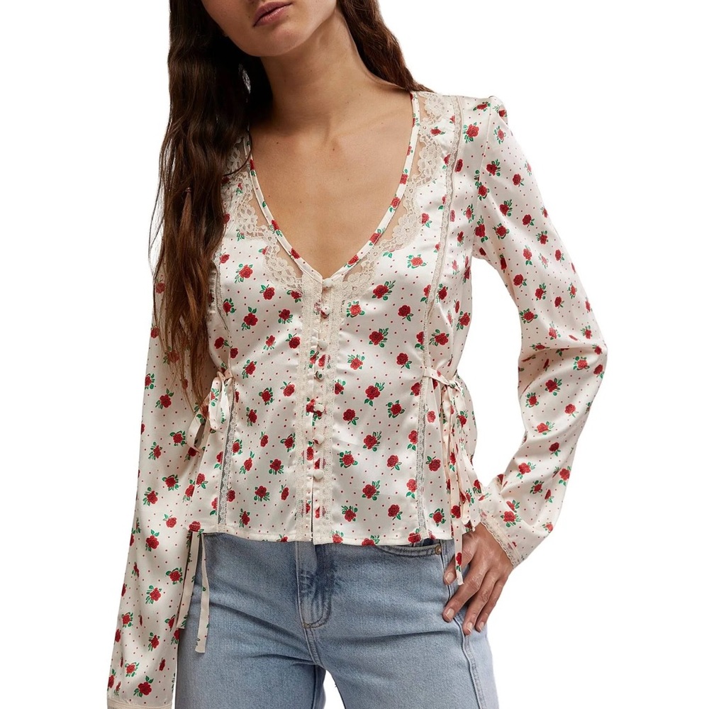 Free People Field of Roses Satin & Lace Top